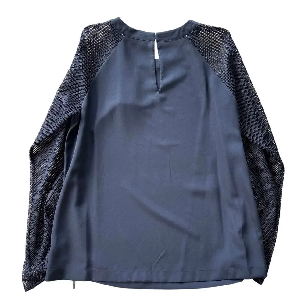 Michael Kors Mesh Sleeve Blouse Women's Large Navy Zip Side Long Sleeve NWT